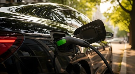 Fototapeta premium Electric vehicle charging station on a city street powering up a modern car