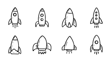 Hand drawn doodle rocket ship set vector illustration space travel concept design for kids and adults