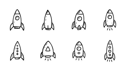 Hand drawn rocket ship vector illustration set, space exploration, travel and adventure concept, isolated on white