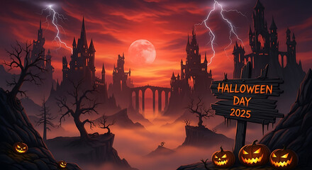 Halloween day 2025 landscape with castles, lightning, and jack-o'-lanterns