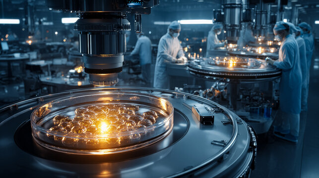 A futuristic medical laboratory with scientists examining stem cells under a microscope; a visual representation of beta cells being grown in a petri dish; bright lighting with 