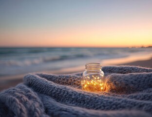 Sunset beach scene with mason jar lights