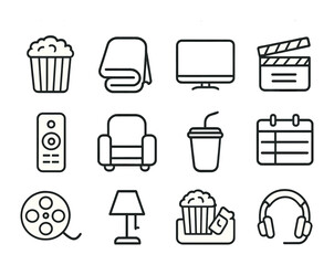 Movie Night Icons. Outline icon set of movie marathon night: popcorn bucket, cozy blanket, TV screen, movie