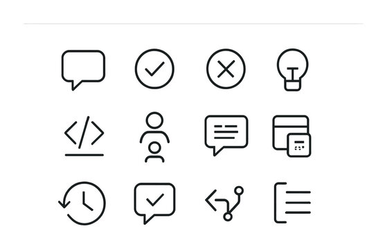 Code Review Icon Set. Outline icon set of code review interface: comment bubble, approve check, request
