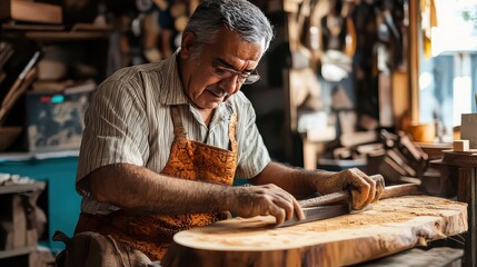 Craftsman shaping wood with a tool in his workshop wearing an apron near a window with natural light