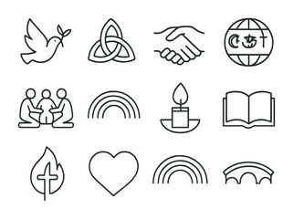 Interfaith Symbols Icon Set. Outline icon set of interfaith symbols: peace dove, unity knot, clasped hands,