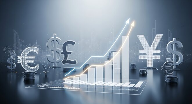 Financial Growth Concept with Currency Symbols and Upward Trend Graph Illustration