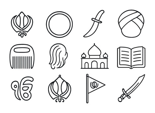 Sikh Symbols Grid. Outline icon set of Sikh identity symbols: khanda, kara, kirpan, turban, comb (kanga),