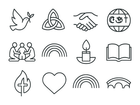 Interfaith Symbols Icon Set. Outline icon set of interfaith symbols: peace dove, unity knot, clasped hands,
