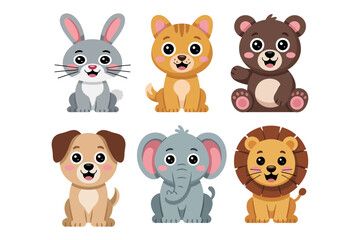 Baby animal friends grid icons, puppy kitten rabbit bear elephant lion panda vector, friendly cartoon illustration, classroom learning clipart, nursery design