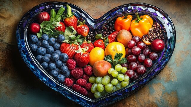 Vibrant photo of a heart-shaped bowl filled with nutritious diet foods, including fresh fruits, vegetables, and whole grains, promoting heart health and cardiovascular wellness, Generative AI