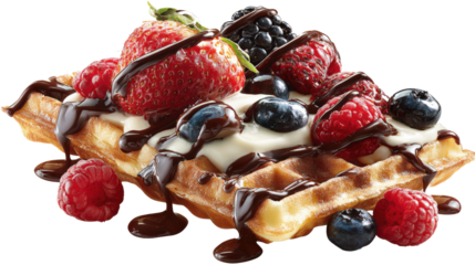 Viennese waffles drizzled with chocolate sauce and berries isolated on a white background