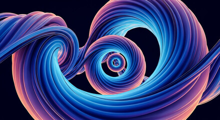 An intricate three-dimensional abstract form unfolds with a mesmerizing spiral pattern The artwork features a gradient of vivid blues and purples creating a sense of depth and movement