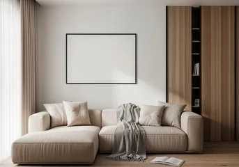 Plexiglas schilderij Cappuccinokleur horizontal Frame mockup, landscape paper size. Living room wall blank poster mockup. Interior mockup with house background. Modern interior design. 3D render  © FAFO