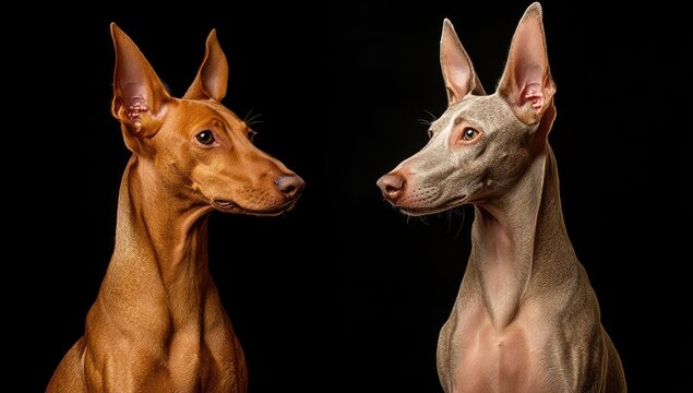 Two realistic photos of a Pharaoh Hound dog in a studio on a black background, one is brown and the other is grey with its ears up.