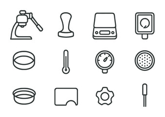 Manual Espresso Tools Icons. Outline icon set of manual espresso tools: lever espresso machine, manual tamper,