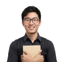 Smiling student with book in arms isolated on transparent background