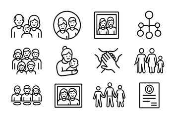 Multigenerational Family Icons. Outline vector icons of multigenerational family: three generations icon,