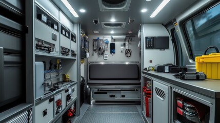 Interior view of an ambulance with medical equipment and a bench seat visible inside the vehicle
