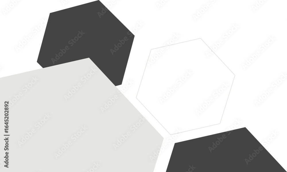 Poster abstract geometric composition with overlapping solid and outlined hexagons in monochrome.