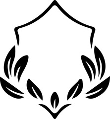 Black and white abstract floral emblem with leaf motifs.