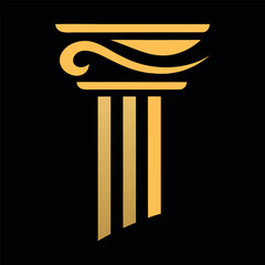Elegant golden ionic column capital with three fluted shafts on black background