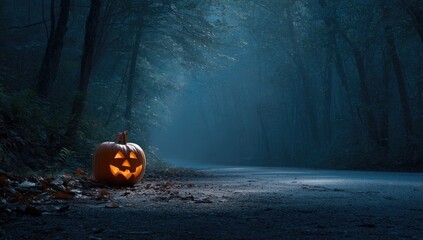 Halloween pumpkin on a path in a misty forest