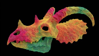 Colorful 3D model of a dinosaur skull, vibrant hues of rainbow
