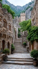 Fototapeta premium Ancient Fortress Stone Walls with Ivy Creeping Up