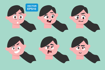 Vector set of cartoon girls showing different facial expressions, ideal for emoticon design, character art, and storytelling graphics.