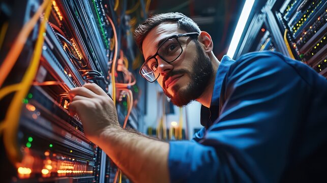 Man with glasses inspecting server racks and cables in a data center with a focused expression - Powered by Adobe