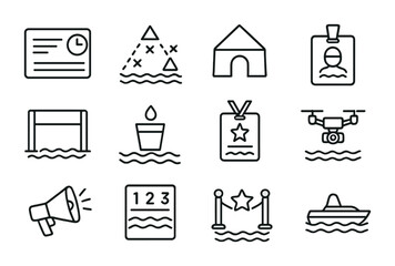 Water Sports Event Icons. Outline vector icons of event logistics for water sports: race schedule, course