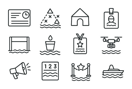 Water Sports Event Icons. Outline vector icons of event logistics for water sports: race schedule, course