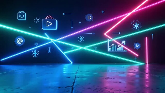 Dynamic neon abstract background with futuristic digital icons and glowing lines, perfect for tech presentations. - Powered by Adobe