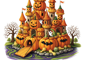 Pumpkin castle with ghosts and bats for halloween
