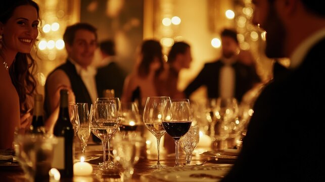 A lavish dinner party in a grand setting.