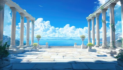 Fototapeta premium A blue sky with white clouds, an open area surrounded by Greek-style pillars overlooking the sea, a bright