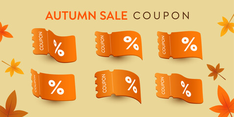 3D Flying coupon ticket voucher for special event marketing campaign price discount banner. Promotion autumn, sale and gift voucher e-commerce shopping offer deal. fall leafs element graphic vector.