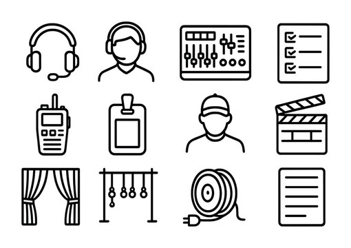 Backstage Technical Icons. Outline vector icons of technical crew and backstage elements: headset icon, stage