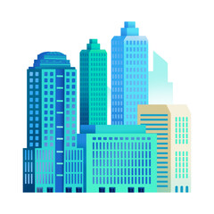 Fototapeta premium Dynamic urban architecture illustration featuring a vibrant cluster of modern city buildings and towering skyscrapers, symbolizing growth and development in a metropolitan landscape.