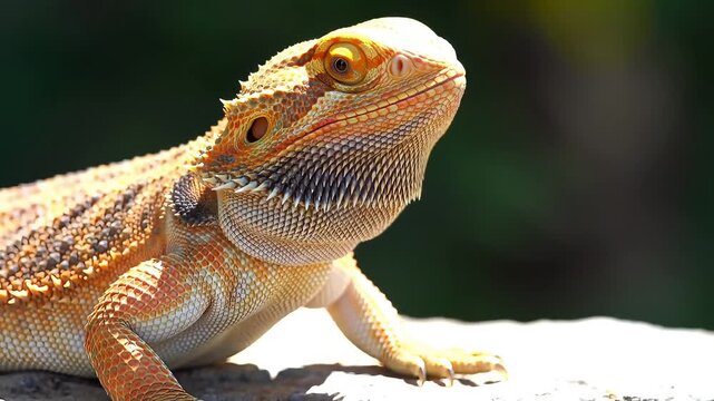 Bearded dragon basking serenely, vibrant scales shimmer in the sunlit scene, exotic pet