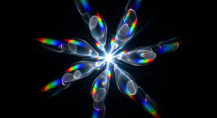 A symmetrical star-like pattern emerges from a central bright point Light refracts through multiple glass elements casting vibrant rainbow spectrums against a deep black void