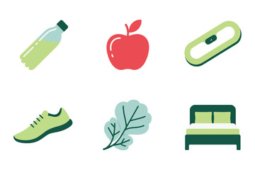 Healthy habits icon set, drink bottle apple activity tracker running shoe leafy herb bed vector, wellness illustration, lifestyle clipart, health and fitness design