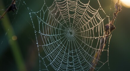 Spiderweb with Water Droplets in Morning Light Close-up
