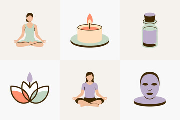 Meditation and spa icon set, lotus flower yoga pose, candle and essential oil bottle, face sheet mask, wellness routine vector, self care illustration