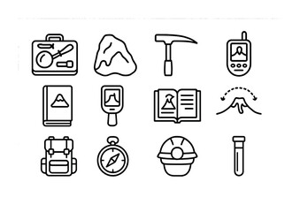 Volcano Research Tools. Outline vector icons of volcano-related field research: geology kit, lava sample, rock