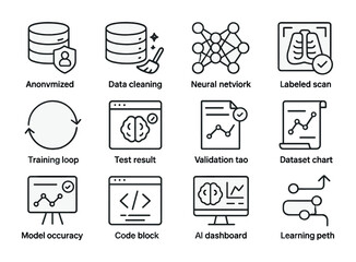 AI Training Icons. Outline vector icons of training AI with medical data: anonymized dataset, data cleaning,