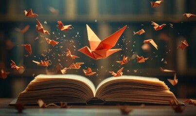 Knowledge concept featuring an open book with an origami bird taking flight, surrounded by abstract paper birds. A library setting enriches the scene, inspiring discovery and learning, Generative AI