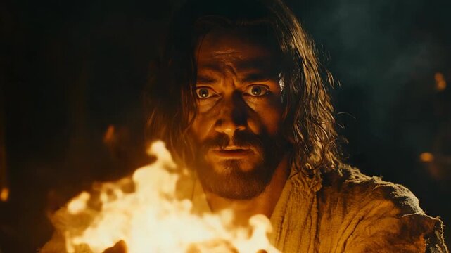 Jesus Christ is depicted holding a burning holy fire in his hands