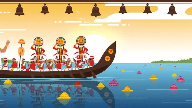 Vibrant Animated Kerala Snake Boat Procession Celebrating the Onam Festival with Kathakali Dancers